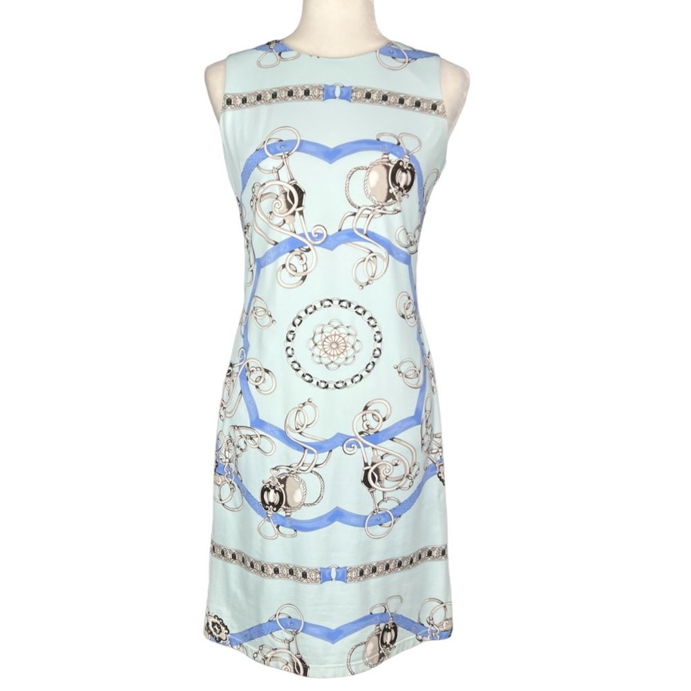 J McLaughlin Sophia Sleeveless Dress Aqua Blue Chain Print size XS